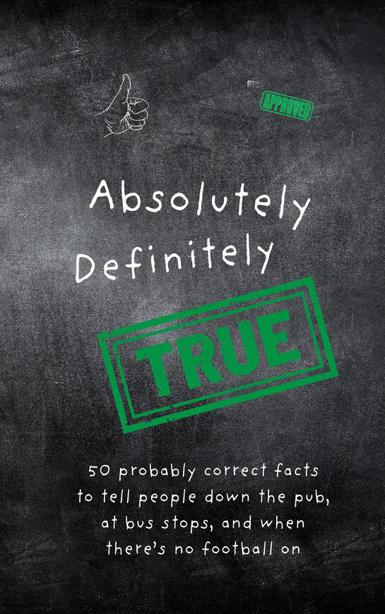 Book cover with a chalkboard background featuring the title Absolutely Definitely TRUE in handwritten-style white text. A large green stamp graphic with the word "TRUE" is diagonally placed across the centre. Above it is a white chalk-style drawing of a th