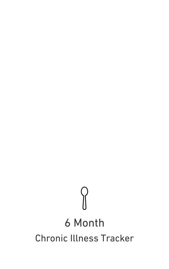 Minimalist white cover featuring a simple black outline of a spoon in the centre, symbolising the “spoon theory” often used in chronic illness communities. Below the spoon, the title reads: 6 Month Chronic Illness Tracker in clean, modern typography. The d